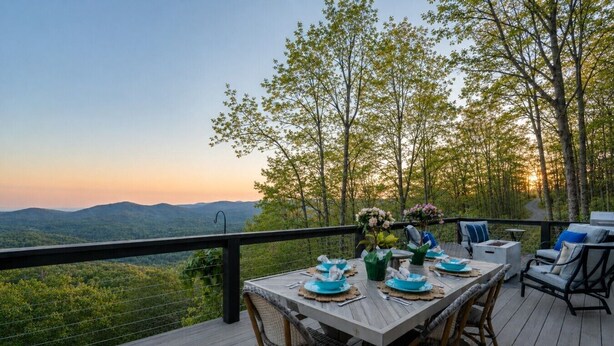 A deck with a table set for dining, surrounded by wicker chairs, overlooking a forested landscape. - High Heaven Mountain top dream (Sapphire)