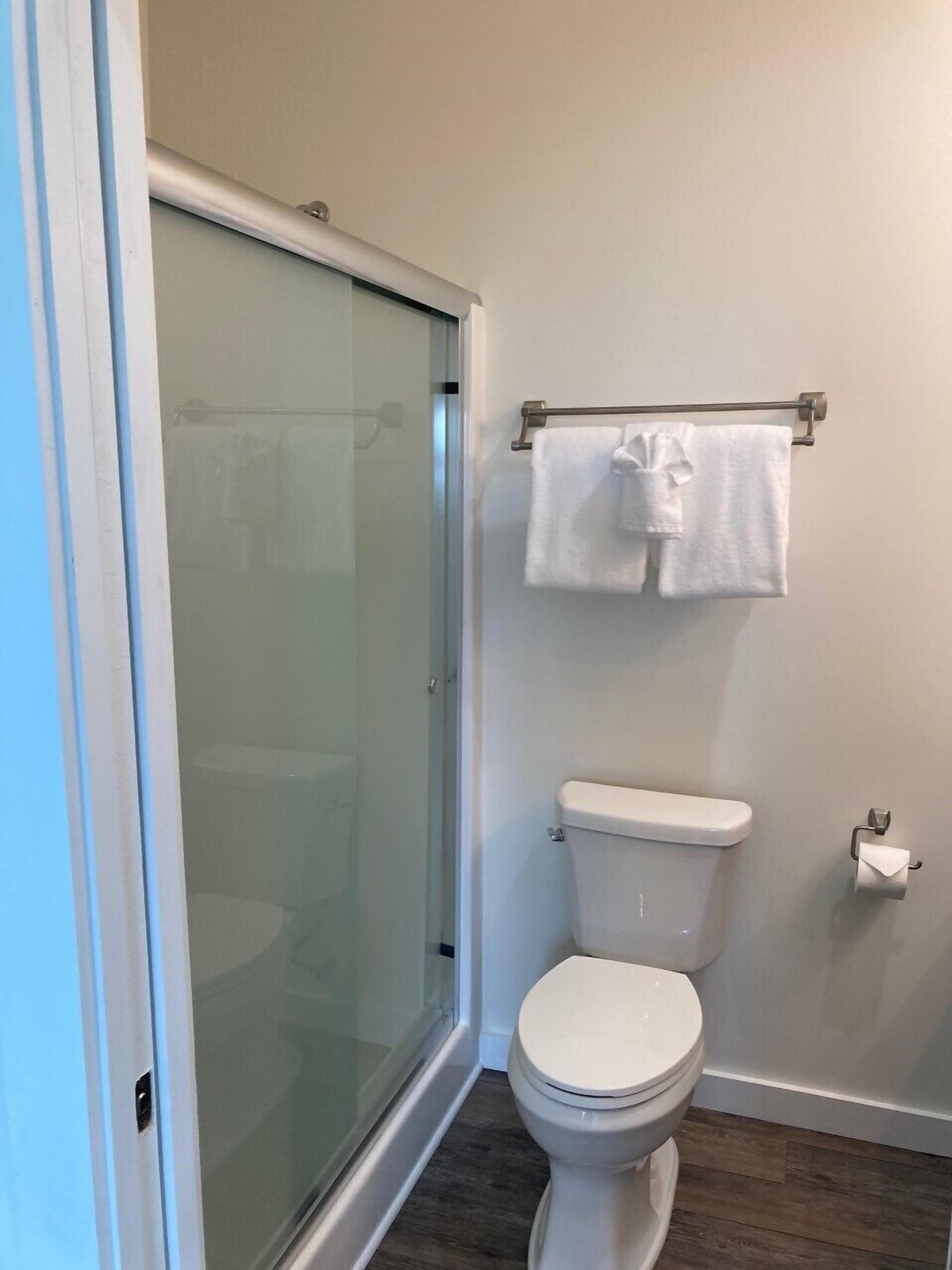 Et badeværelse med en glasbrusekabine, toilet og et håndklædeholder med to håndklæder.