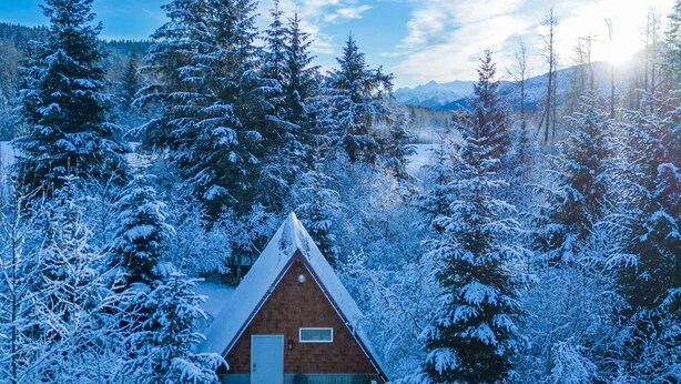 A cabin surrounded by snow-covered trees, with a clear sky and distant mountains.