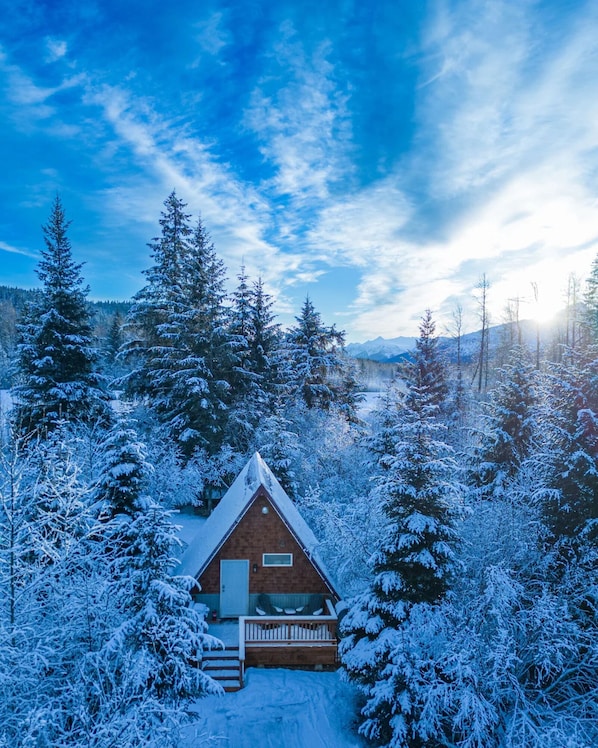 A cabin surrounded by snow-covered trees, with a clear sky and distant mountains.