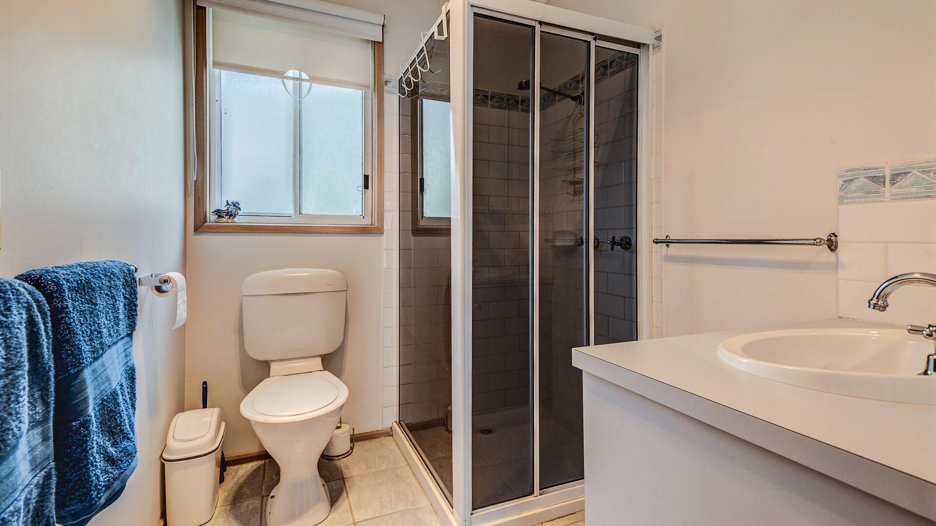 Een badkamer met toilet, douche en wastafel.