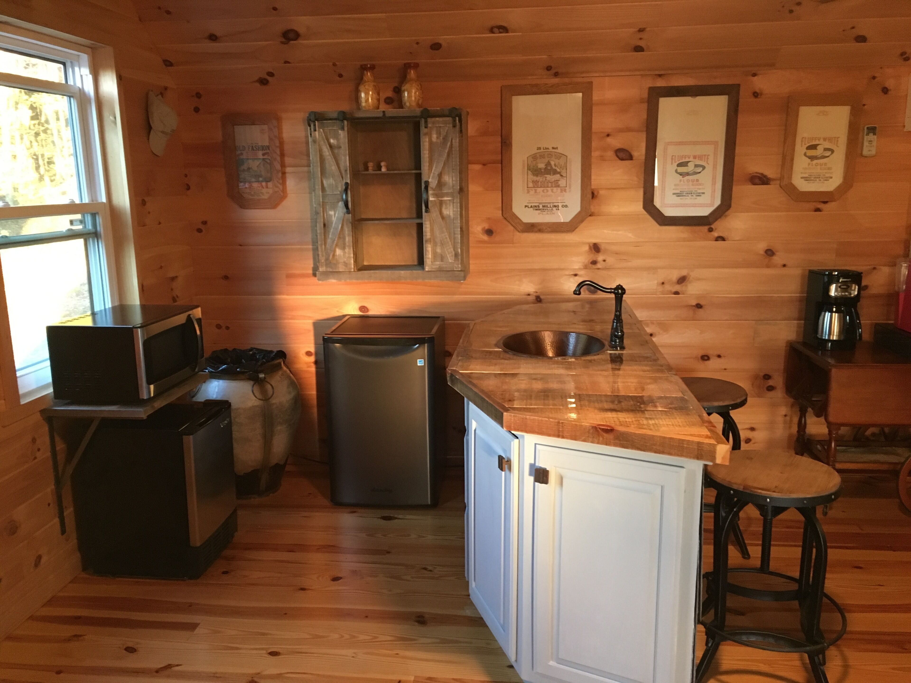 Fridge, microwave, coffee/tea maker, toaster