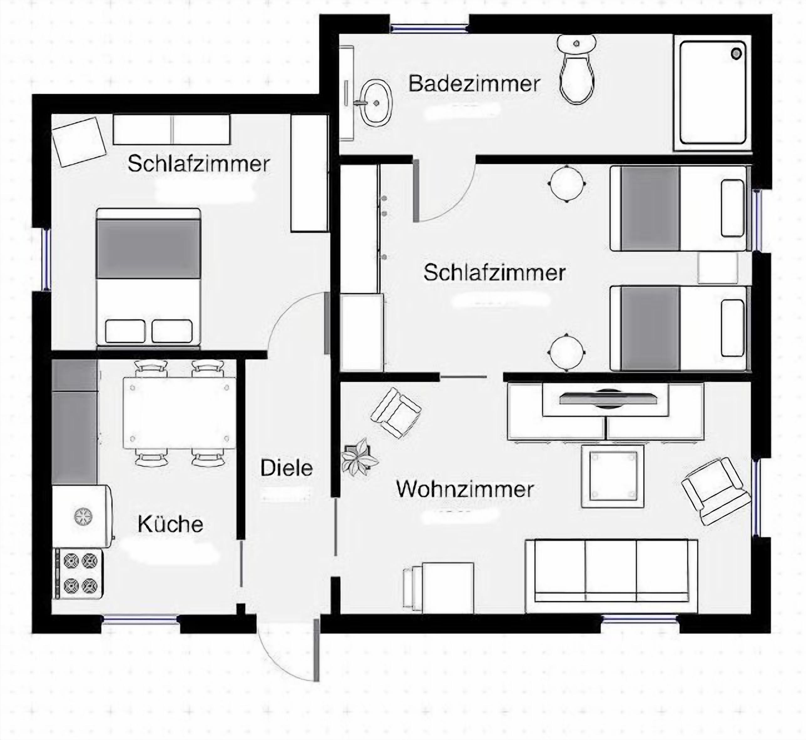 A floor plan of a hotel with two bedrooms, a bathroom, a kitchen, a living room, and a dining area.