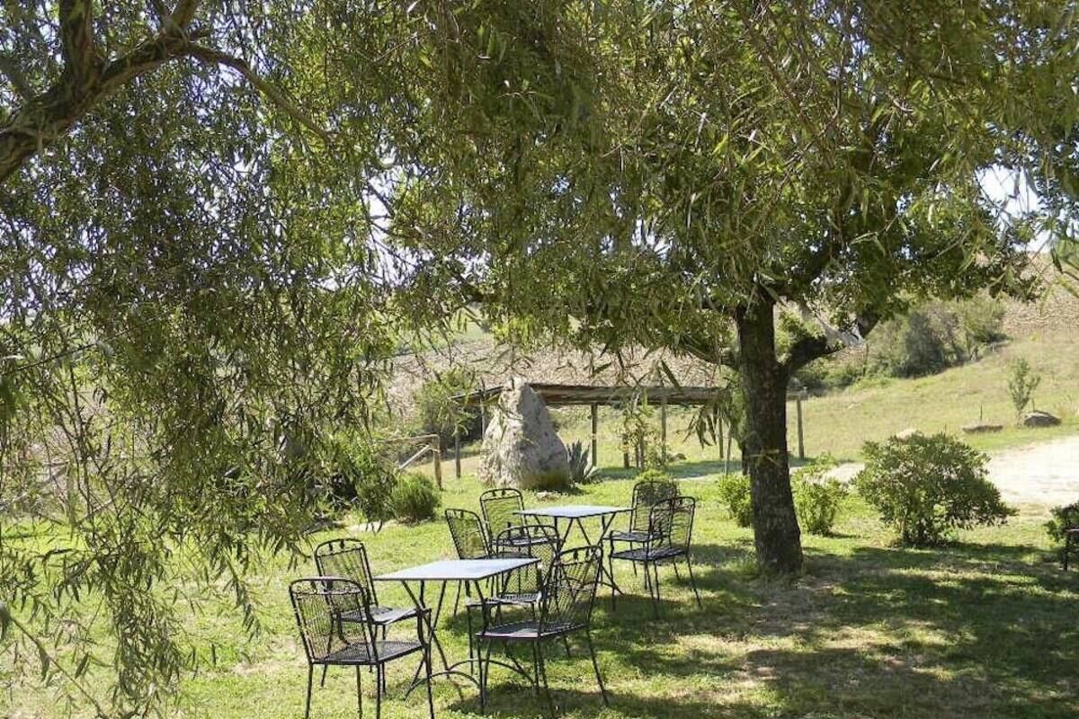 Un espace extérieur aménagé avec des tables et des chaises, situé sous un grand arbre et entouré de pelouse et d’une structure en pierre.