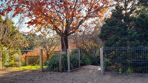 Ein begrenzter Zugang zum Brown’s Cottage mit einem Kiesweg, der dorthin führt.