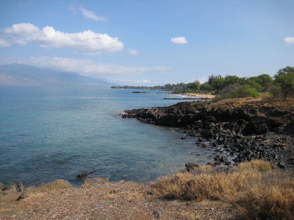 A coastal landscape with clear blue water, rocky shoreline, and distant mountains.