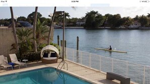 A pool area with lounge chairs, a swing chair, and a view of a body of water. - Spectacular Views, Great Location on Millionaire's Row (Miami Beach)