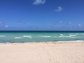 Ein Strand mit klarem türkisblauem Wasser und einem sandigen Ufer.
