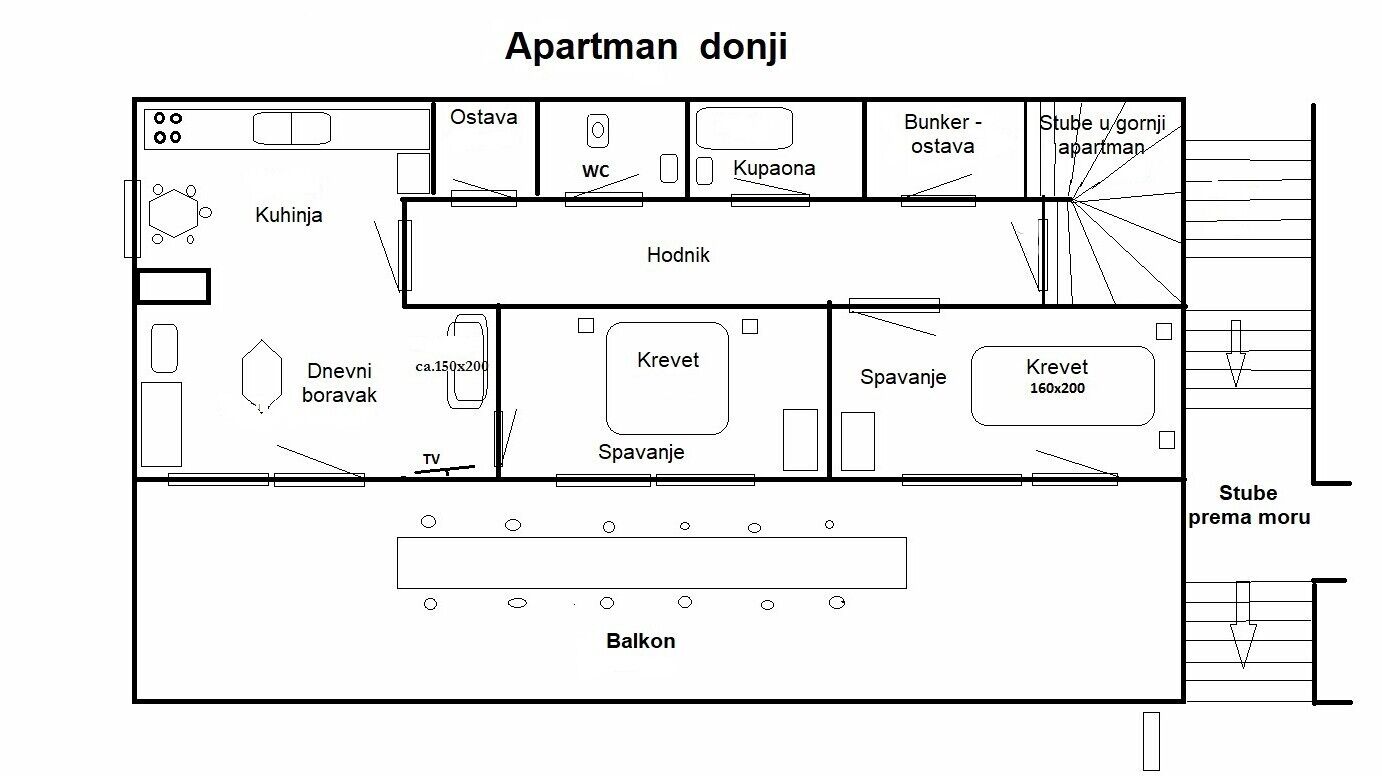 Un plan d’étage d’un appartement comprenant un salon, une cuisine, un coin repas, deux chambres, une salle de bain et un balcon.