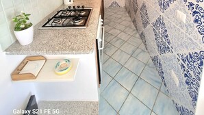 Eine kleine Küche mit Gaskochfeld, Spüle und einer Topfpflanze.