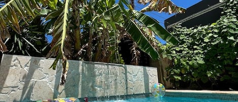 A swimming pool with clear blue water, surrounded by lush greenery and a stone wall.