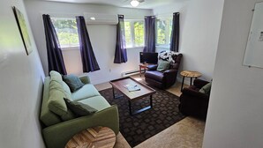 A living room with a green sofa, a brown armchair, a coffee table, and a TV. There are windows with curtains, an air conditioning unit, and a small table with a remote control.