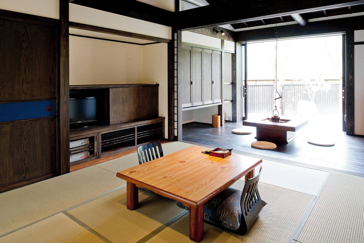 A traditional Japanese-style room with tatami flooring, a wooden table, and a television on a low shelf.