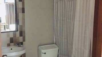 Shower, free toiletries, towels, soap