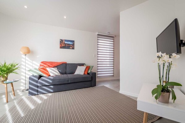 A modern living room with a grey sofa, a flat-screen TV, a potted orchid, and a cityscape painting on the wall. - Studio Brussels Airport (Zaventem)