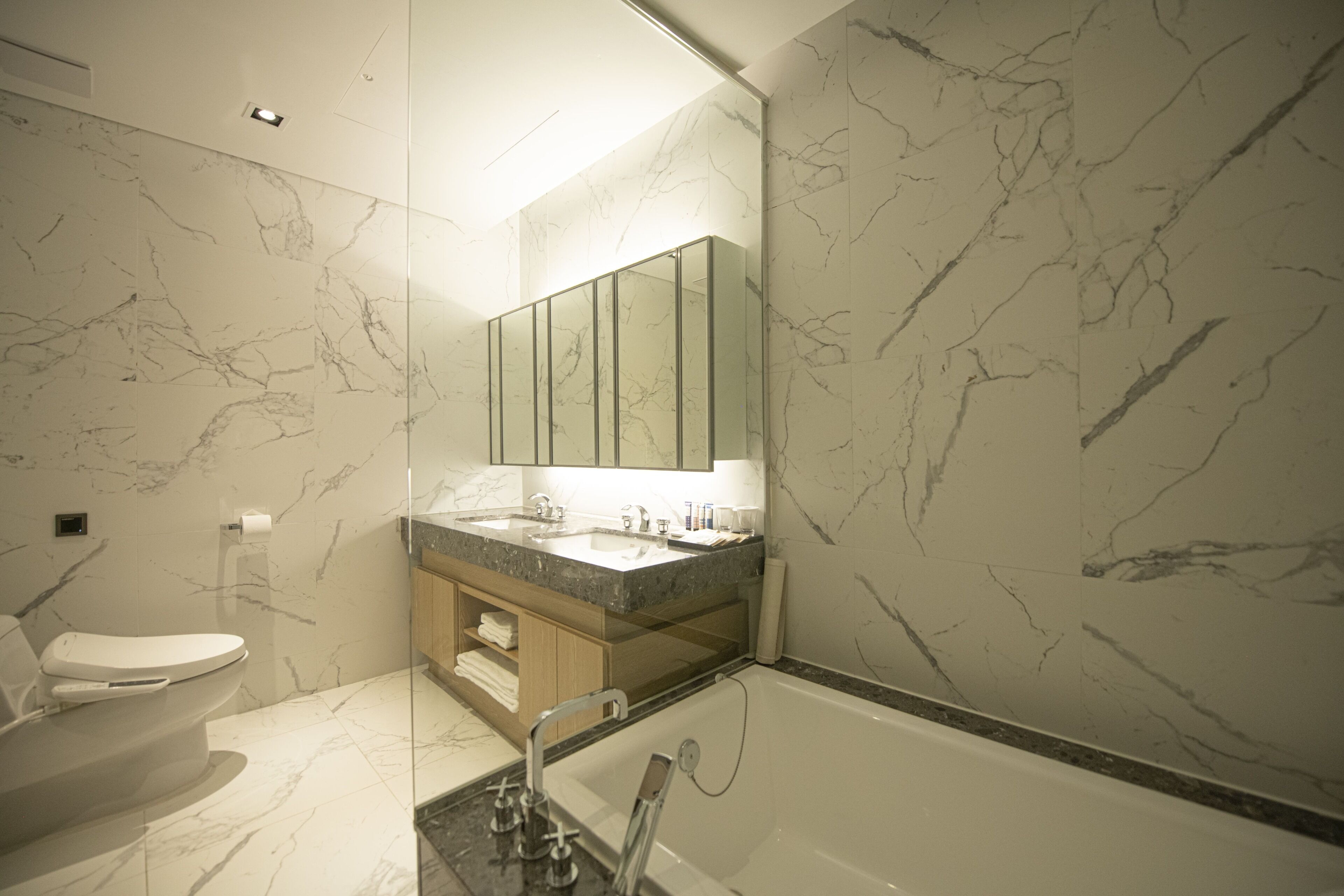 combined shower/bathtub, deep-soaking bathtub, hair dryer, bidet