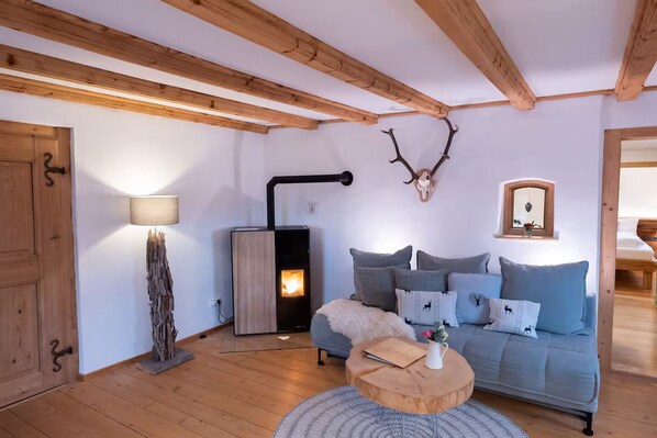 TV, fireplace, books - Vacation apartment in a farmhouse right on the edge of the Alps - near Neuschwanstein Castle (Halblech)