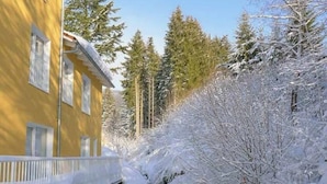 Un edificio amarillo con fachada nevada y un pequeño arroyo a su lado.