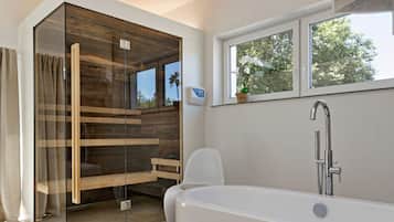 Comfort House, 3 Bedrooms, Sauna | Bathroom | Separate bathtub and shower, deep-soaking bathtub, rainfall showerhead