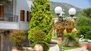 A garden with potted plants, a swan statue, and a stone pathway. - Villa Haroula (Parga)