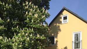 A yellow building with a large tree in front, a small balcony, and a clear sky. - Ferienwohnung Anna (Moosbach)