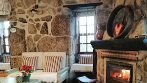 Ein gemütliches Wohnzimmer mit Steinwand, Kamin, einer Couch und einem Esstisch.