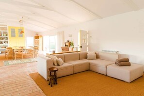 Smart TV, fireplace, table football, books