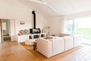 Smart TV, chimenea, futbolito y libros 