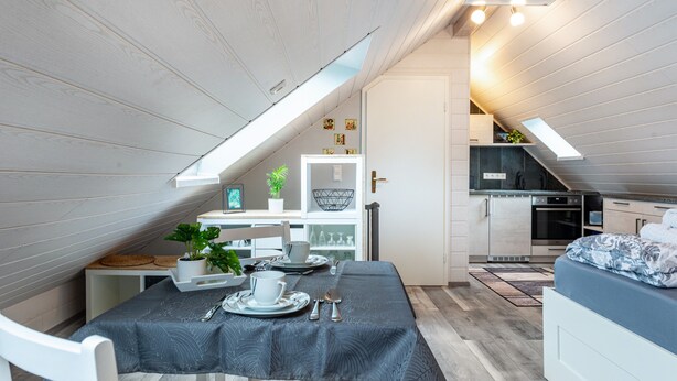 A compact, modern loft-style bedroom with a sloped ceiling, a built-in kitchen, and a dining area.