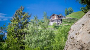 A mountain house with a wooden exterior, surrounded by trees and a clear blue sky.