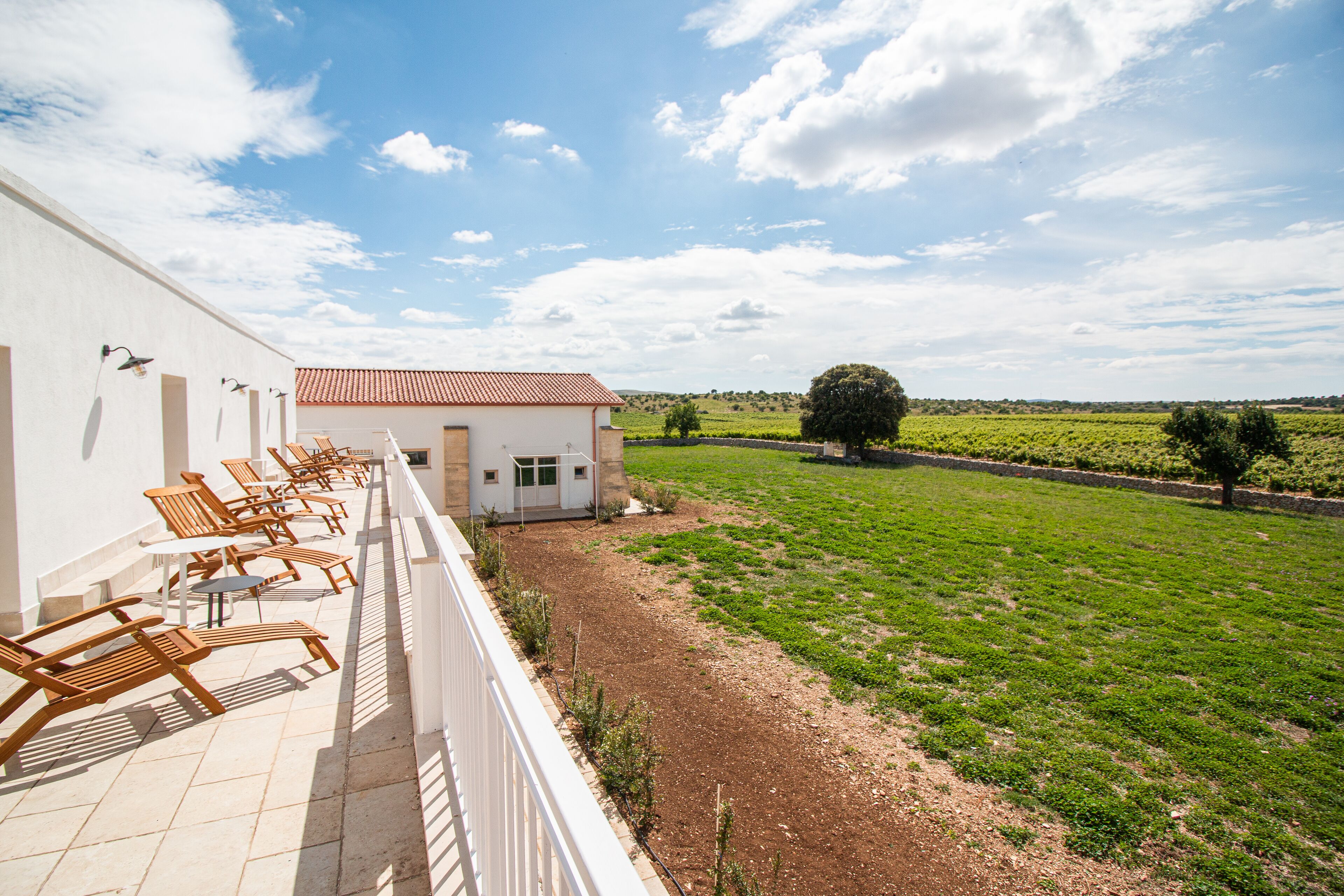 A building with a terrace featuring wooden chairs and tables, a vineyard in the background, and a clear sky.