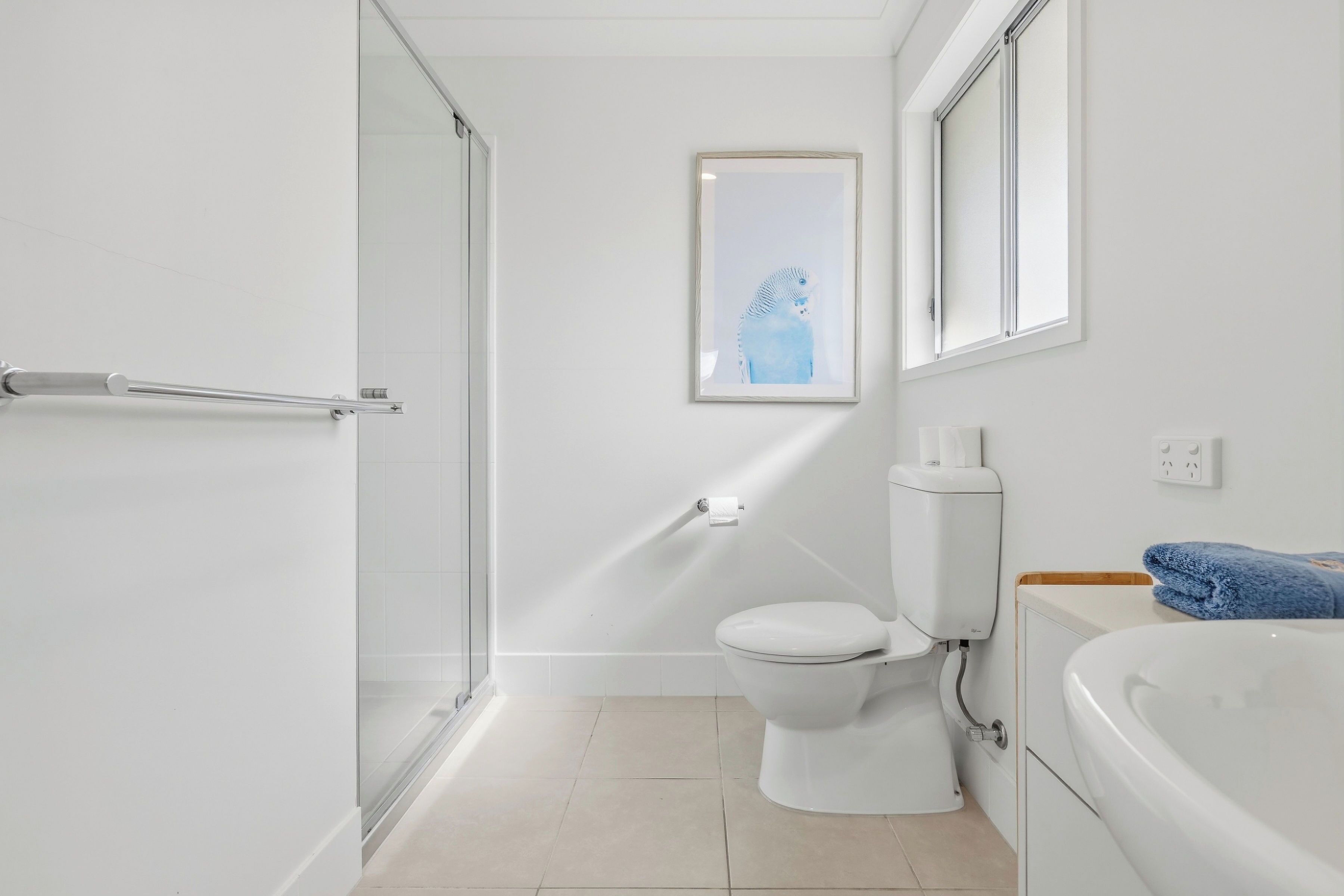 Ein modernes Badezimmer mit Duschkabine aus Glas, Toilette und Badewanne.