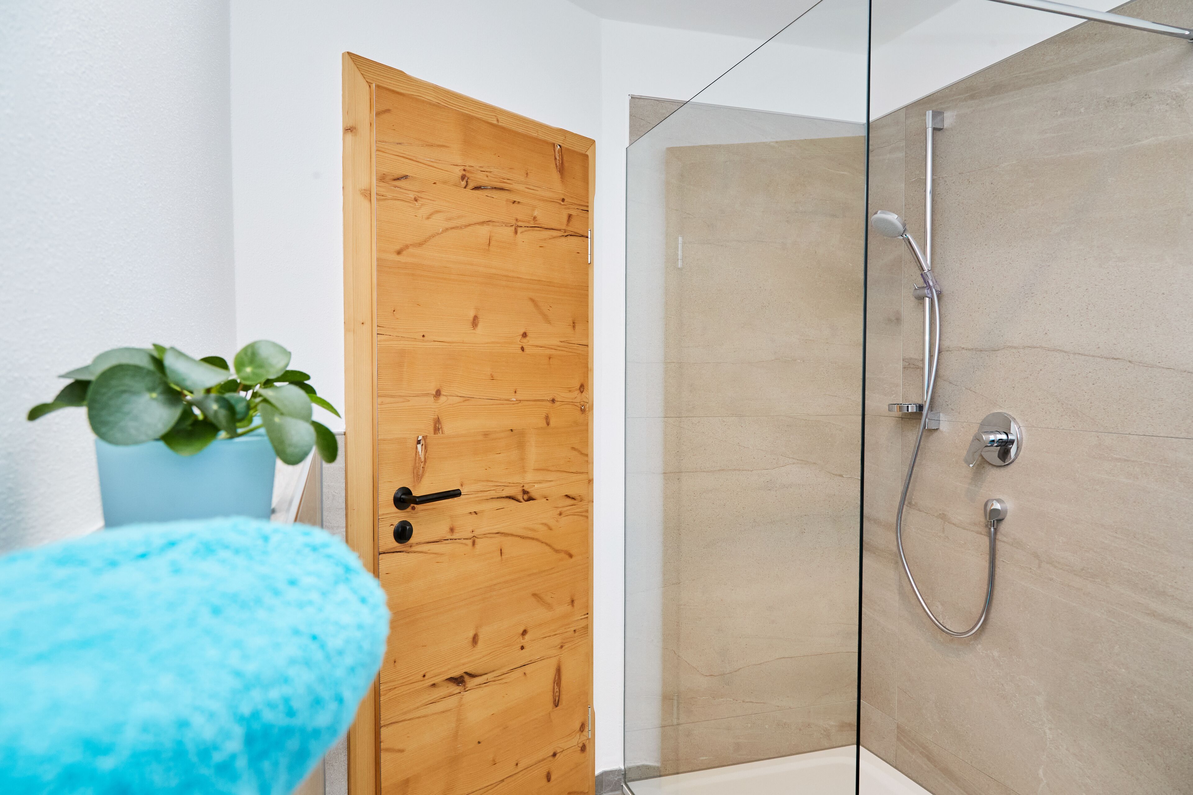 Ein Badezimmer mit Holztür, Duschkabine aus Glas und blauem Badteppich.