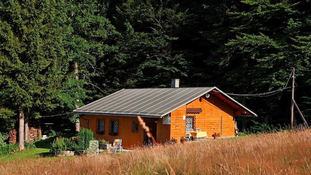 Una cabaña de madera con techo inclinado y paneles solares, rodeada de árboles altos y un campo cubierto de hierba.