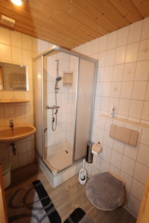 Ein Badezimmer mit einer Duschkabine, einem Waschbecken, einer Toilette und einem kleinen Teppich.