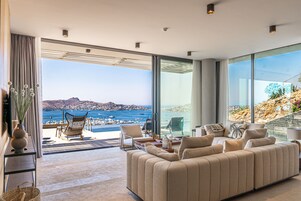 3+1 Villa Residence with Large  Private Pool | Living area | 106-cm Smart TV with satellite channels, TV