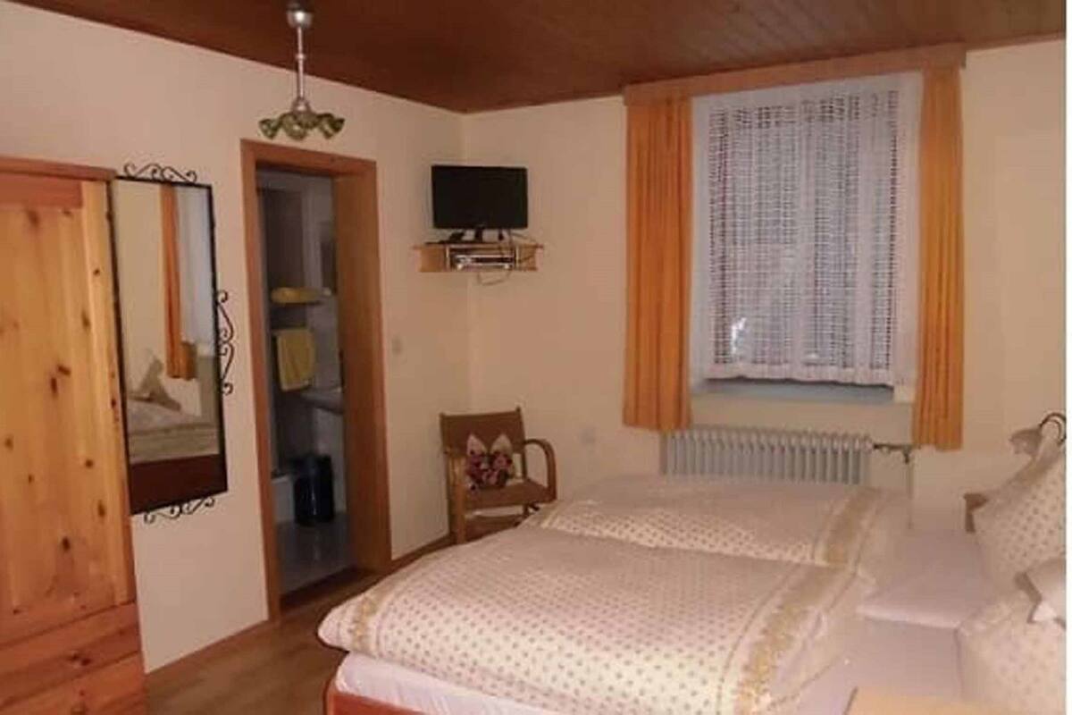 A bedroom with a bed, a television, a window with curtains, and a radiator.