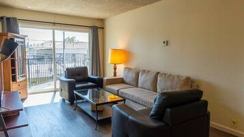 Apartment (Comfortable and Clean 2-Bedroom in Sa) | Living room | TV, fireplace