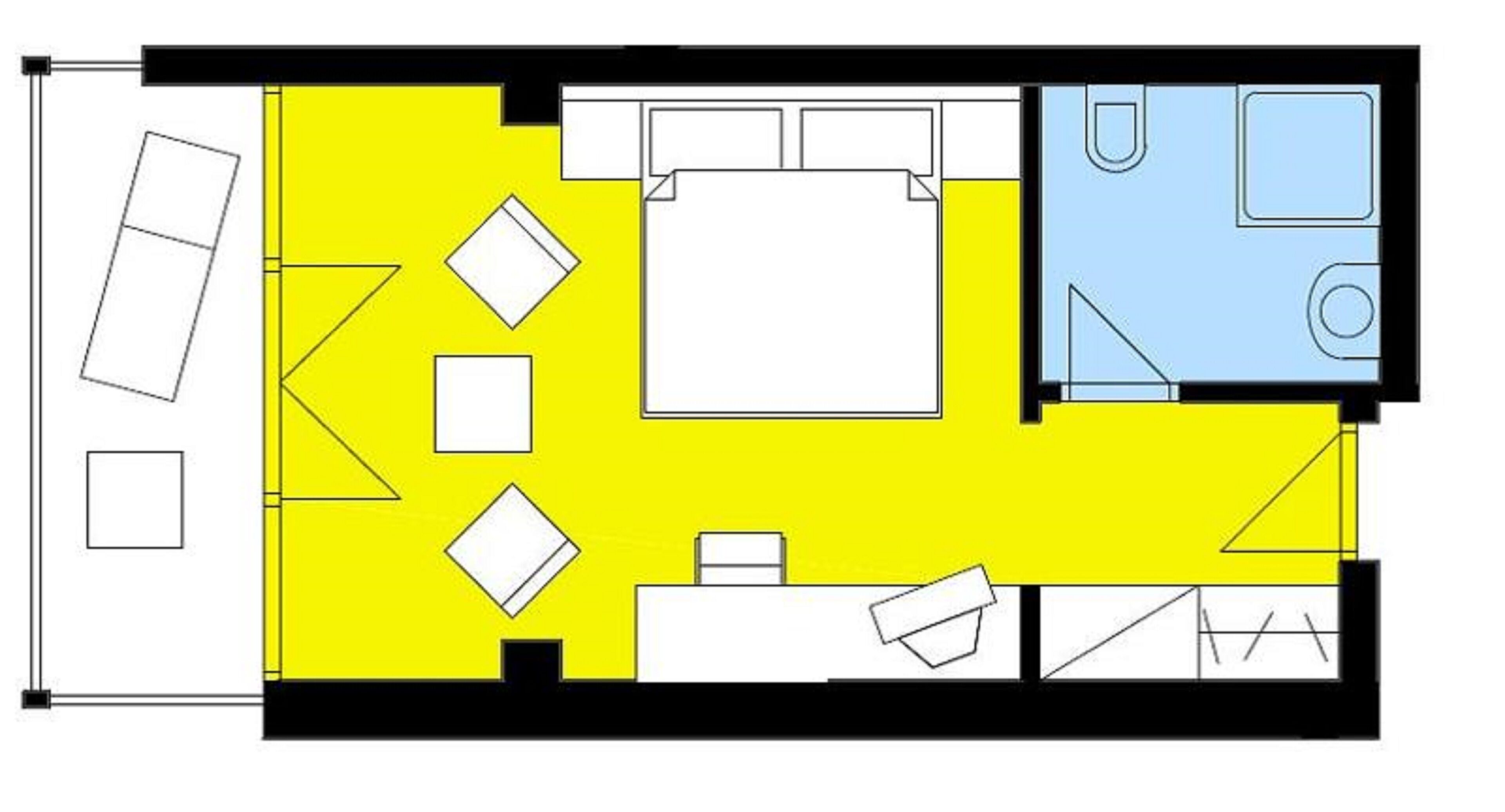A floor plan with a large central area, a kitchen, and a bathroom.