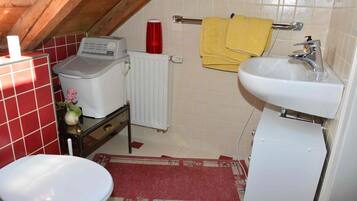 Een kleine, praktische badkamer met een wit toilet, een wastafel en een wasmachine.