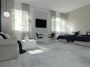A modern bedroom with a bed, a sofa, a desk, and a TV.