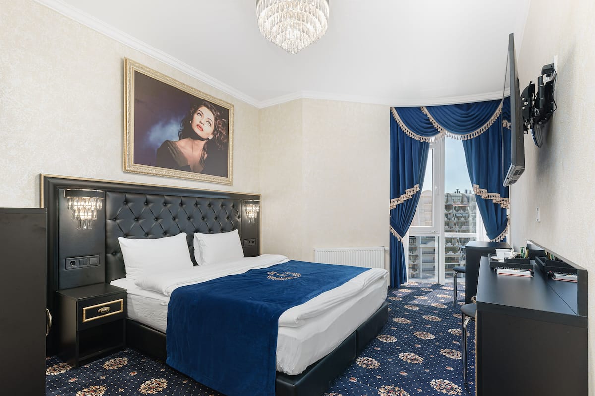 A hotel room with a large bed, a TV, a desk, and a view of the city through the window.
