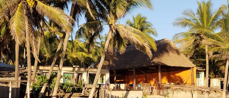 On the beach, sun loungers