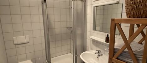 A modern bathroom with a glass-enclosed shower, a white sink, and a toilet.