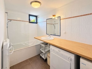 Une salle de bain équipée d’une douche, d’un lavabo, d’un miroir et d’un lave-linge.