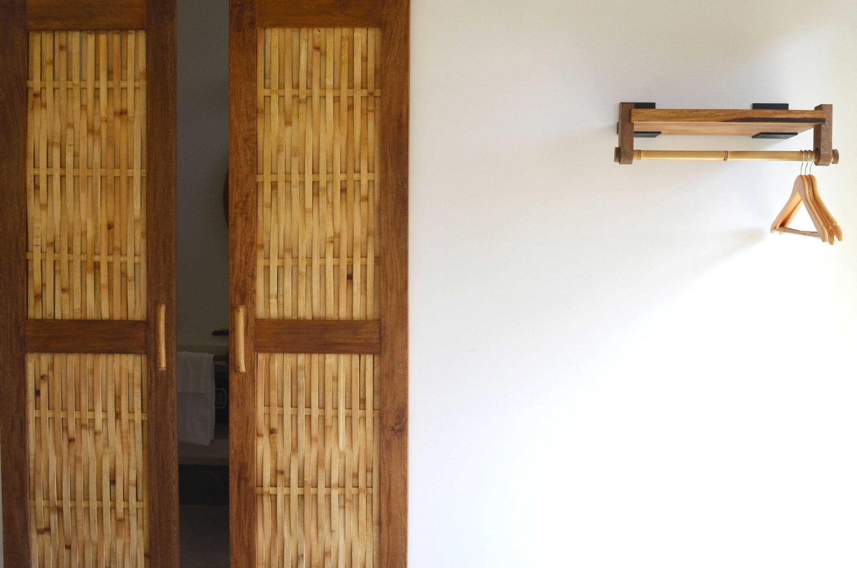 A room with a wooden door and a wall-mounted rack with clothes hangers.