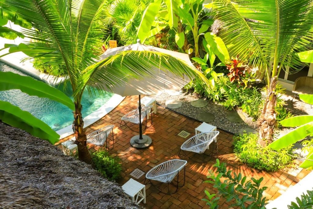 A patio area with a pool, white chairs, and tropical plants.