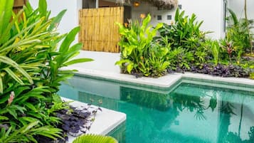 A swimming pool surrounded by lush tropical plants and a thatched roof structure.