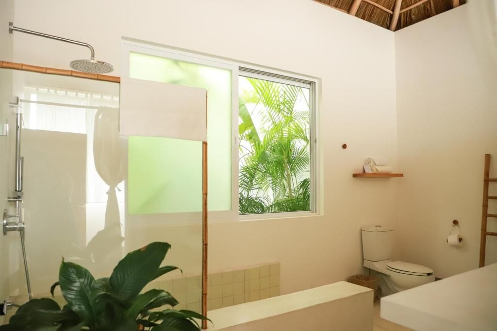 Une salle de bain avec douche, toilettes et une fenêtre donnant sur un espace verdoyant.