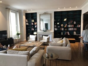 Télévision, cheminée, livres, chaîne hi-fi